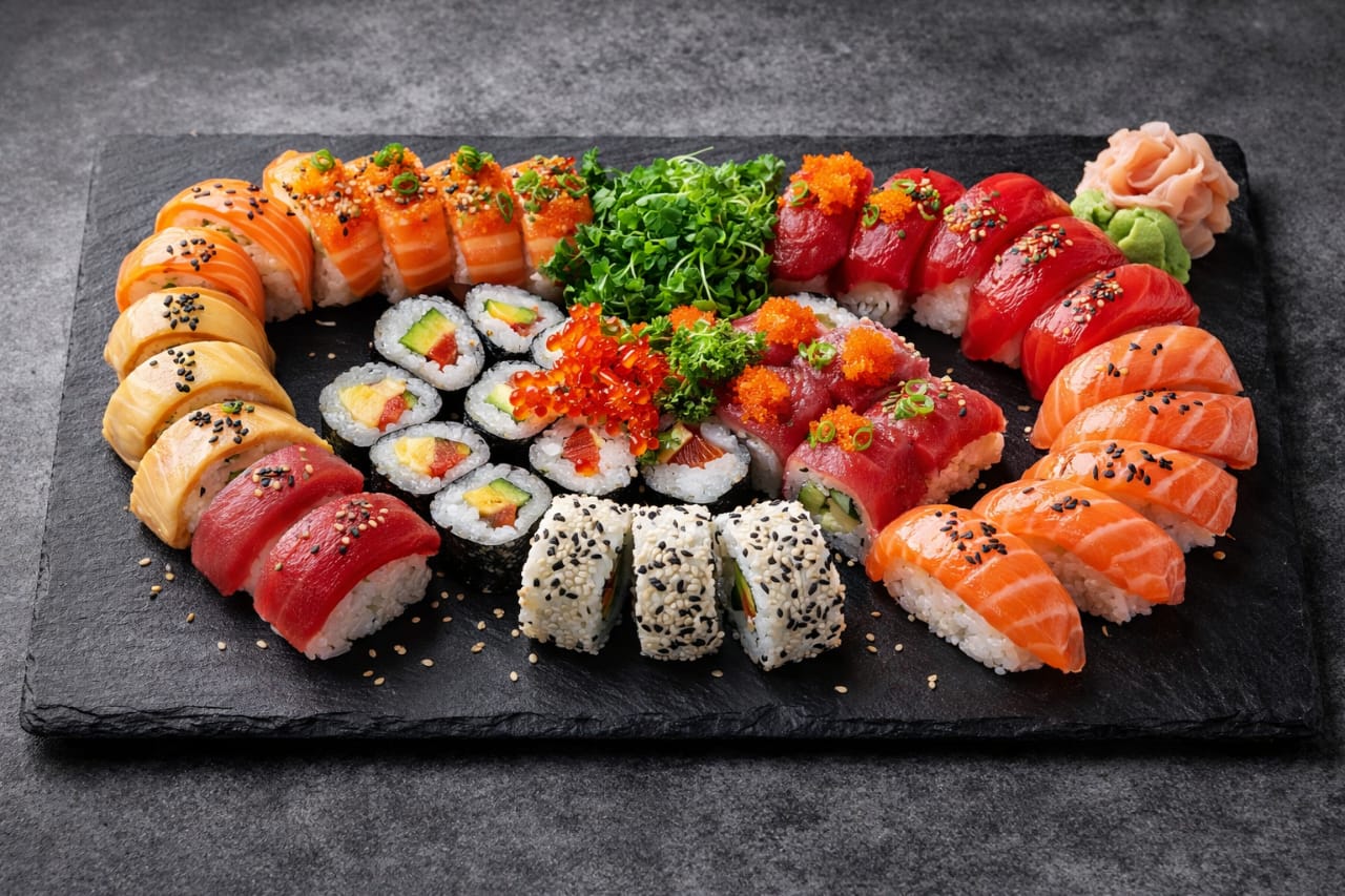 Ihre charakteristische Platte mit Sushis